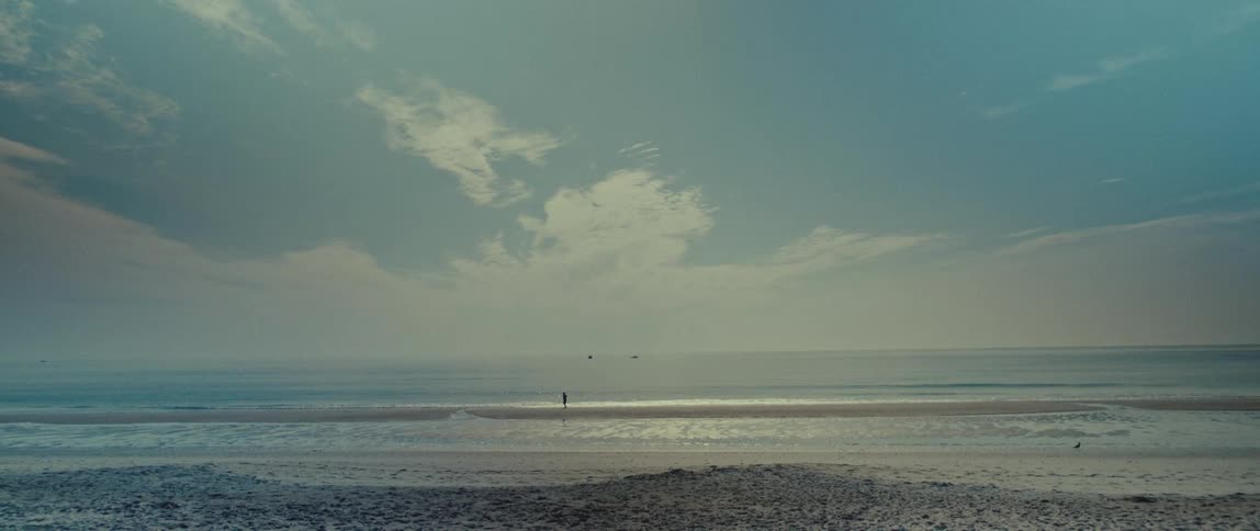 A solitary person walks along the shoreline of a vast, hazy beach under a soft sky