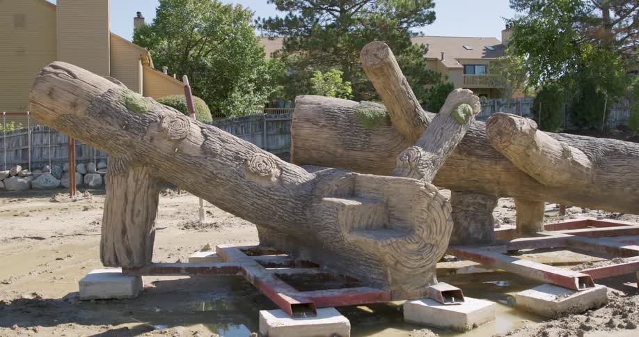 A large, log-shaped piece of playground equipment sits on a construction site during its installation