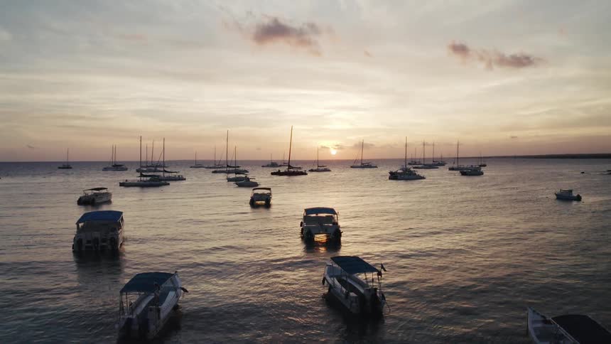 A serene aerial shot rises to reveal a fleet of boats floating on calm ocean waters during a golden sunset