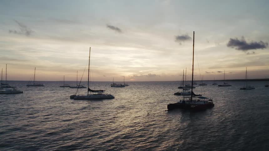 A stunning aerial shot pulls back over a tranquil harbor filled with sailboats and catamarans at sunset