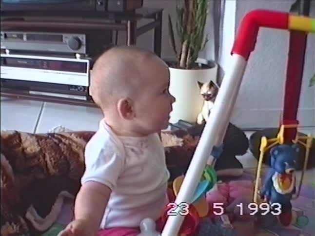 A happy baby sits on the floor playing with a colorful baby gym and laughs uncontrollably in a vintage home video from 1993