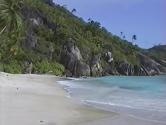 Gentle turquoise waves lap against a secluded white sand beach at the base of a lush, rocky tropical hillside