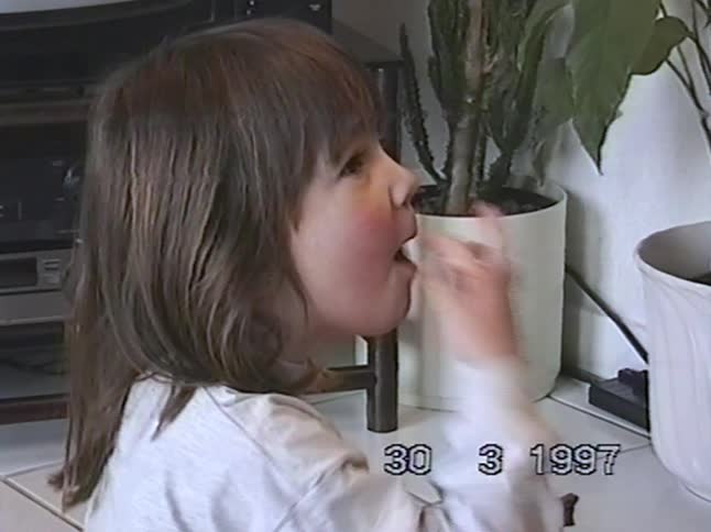 A cute little girl with brown hair eats a chocolate Easter egg in a home video from 1997