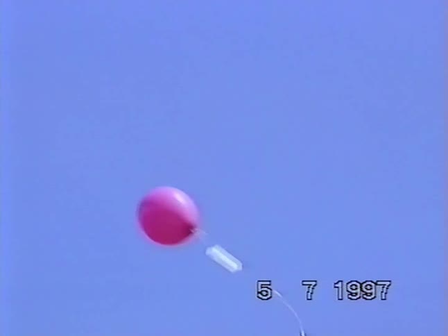 A young girl in a dress waves goodbye as she releases a pink balloon into the summer sky, watching it float away