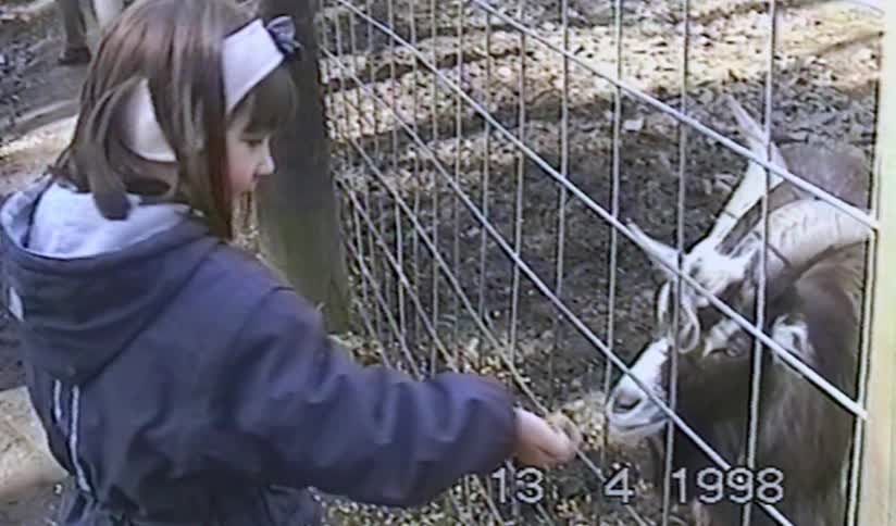 Archival footage from 1998 shows a young girl feeding a goat through a wire fence at a petting zoo