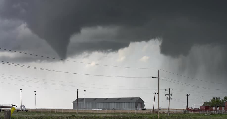 A menacing funnel cloud from a supercell thunderstorm looms over a rural landscape with a metal building and power lines