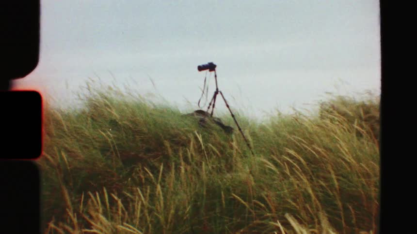 Authentic super 8mm film shows a camera on a tripod sitting in a field of tall grass as the wind blows