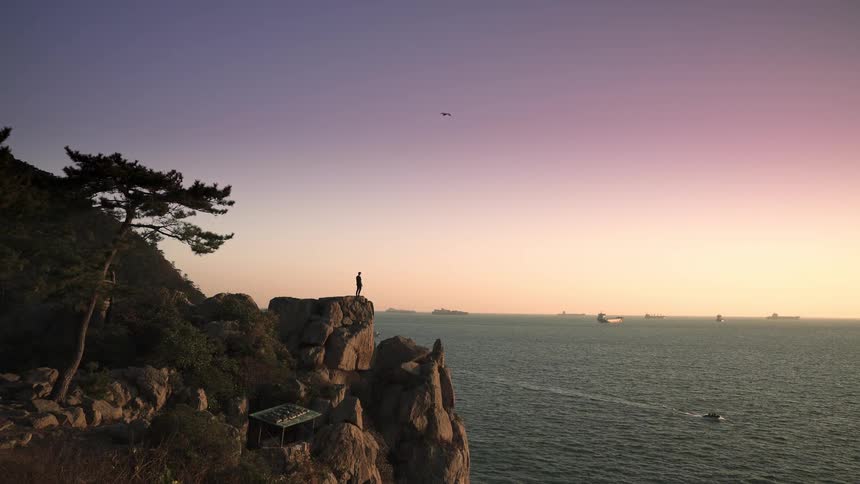 A lone silhouette stands atop a rocky cliff overlooking a serene ocean with distant ships during a beautiful sunset