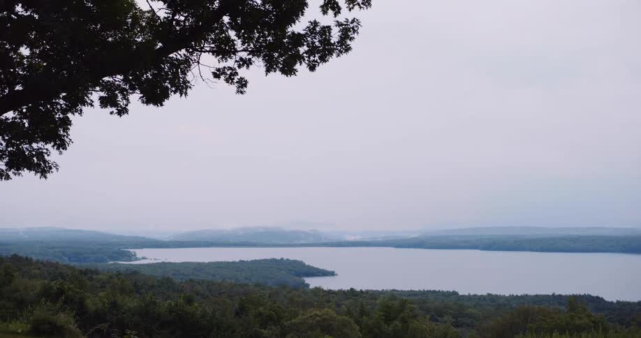 A serene, high-angle view of a vast lake surrounded by a dense forest with misty hills on the horizon under an overcast sky