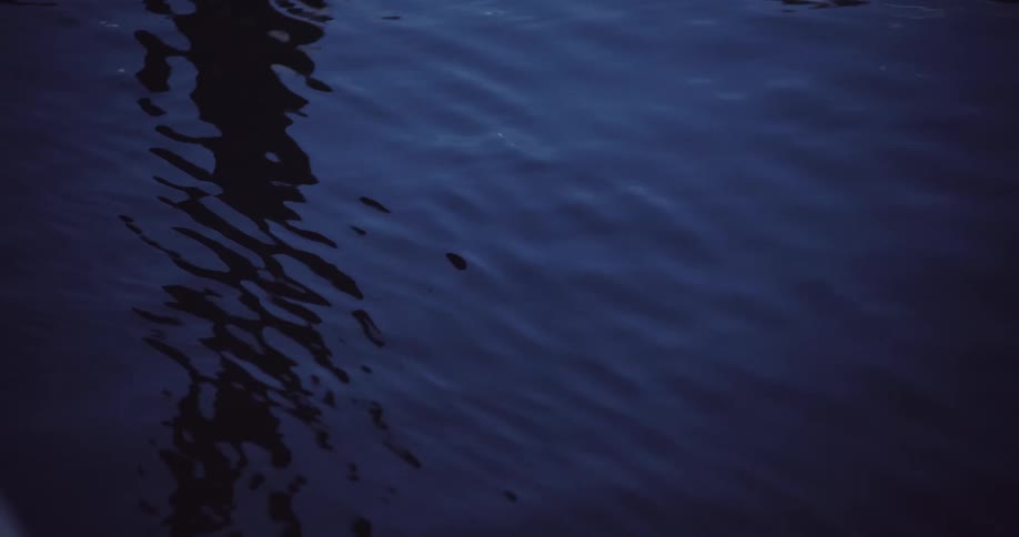 A close-up of dark blue water gently rippling at twilight with a dark reflection on the surface