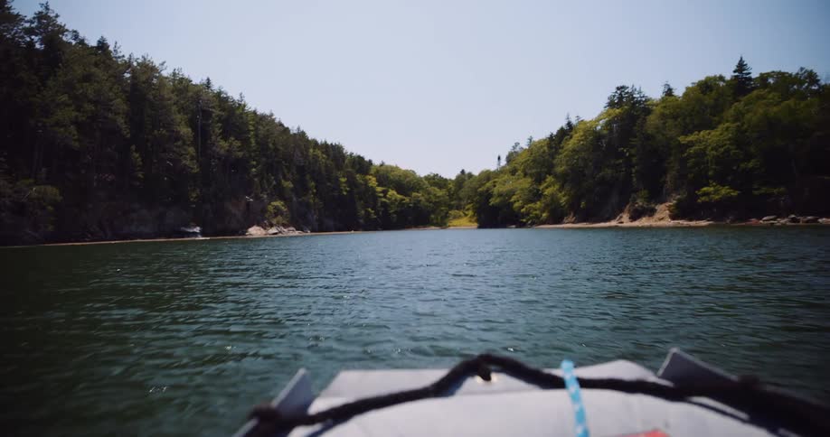 A first-person view from a small boat slowly drifting into a calm, forested inlet on a sunny day