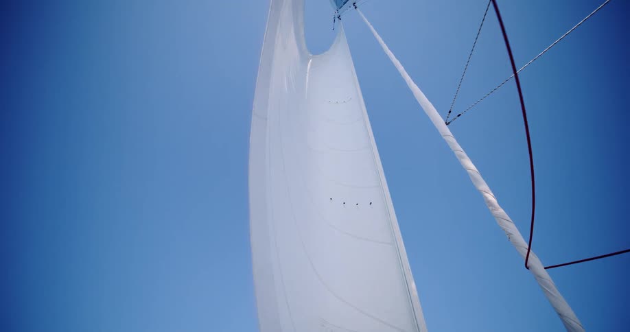 A low-angle view shows a white sail full of wind against a clear blue sky on a sunny day