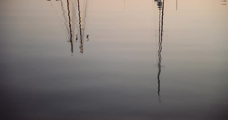 Abstract reflections of boat masts ripple on the calm, still water of a harbor