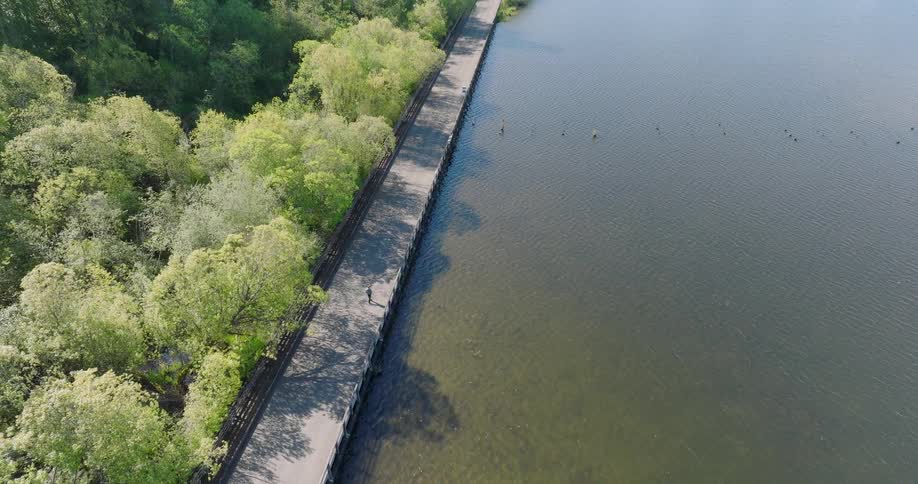 An aerial view shows a lone person walking along a path next to a calm lake and a lush green forest on a sunny day