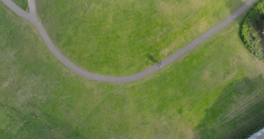 Birds eye view of two people walking on a winding path through a city park