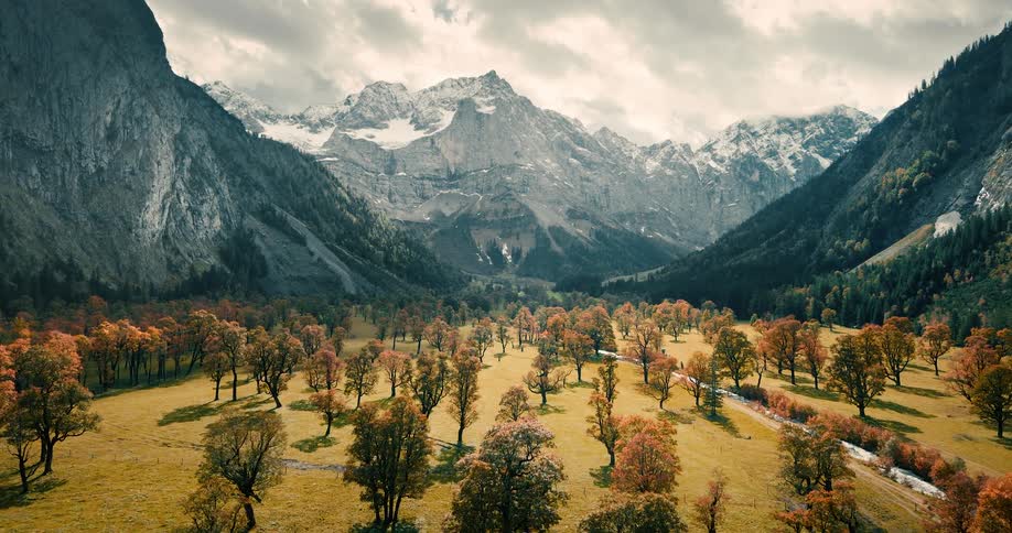 An epic panorama of a valley with autumn-colored trees below towering, snow-capped mountains