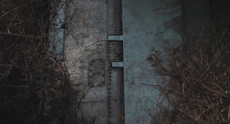 A top-down shot shows a close-up of a weathered airplane wing being reclaimed by dead, overgrown vegetation