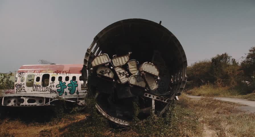 The skeletal remains of a graffiti-covered airplane, with its interior parts piled inside, sit abandoned in a dry, weedy field