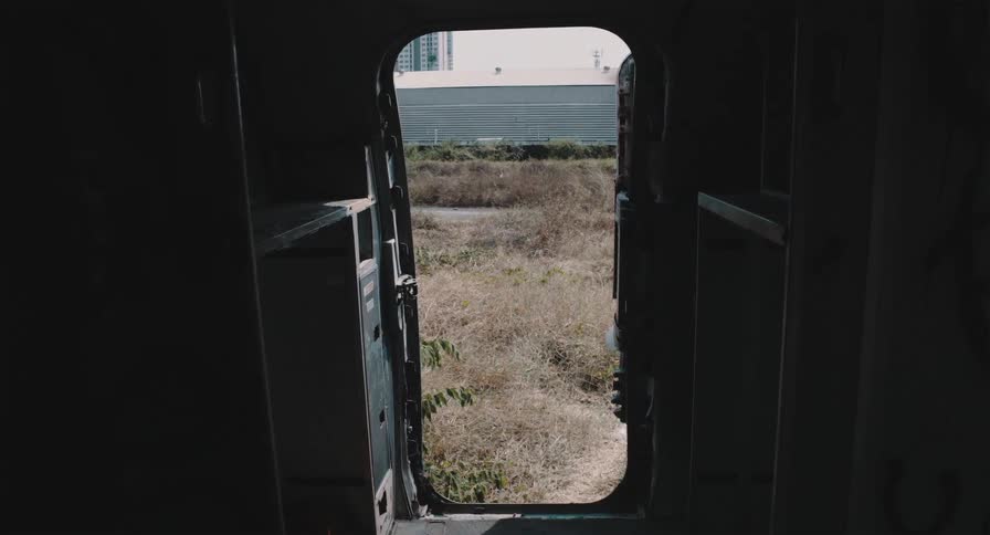 A stark view from inside a dark, abandoned train car's open doorway reveals an overgrown, grassy field under the bright sun