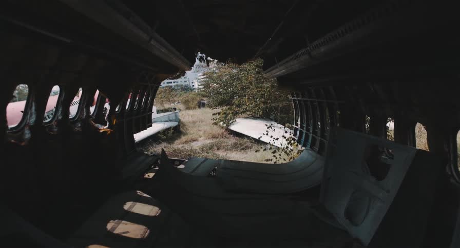 Wide-angle, static view from inside the dark, skeletal fuselage of an abandoned and destroyed airplane in a boneyard, looking out at an overgrown field