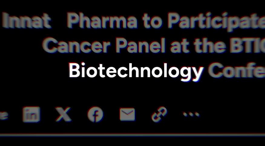 A dynamic montage of online news headlines rapidly scrolls by, with the keyword 'Biotechnology' highlighted on a dark screen