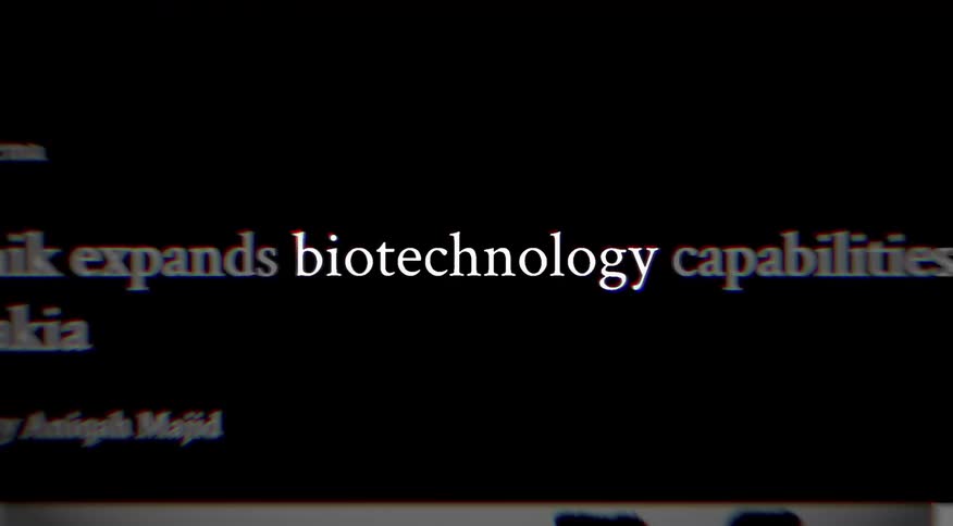 A rapid succession of digital news headlines scrolls by, each highlighting the term 'Biotechnology' to emphasize its global significance