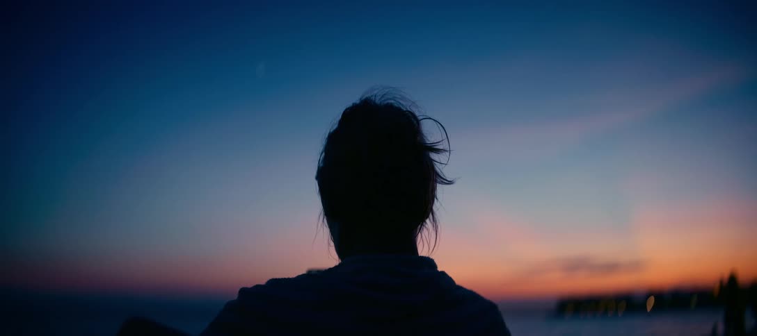 A woman with her hair in a bun is silhouetted against a peaceful and colorful twilight sky