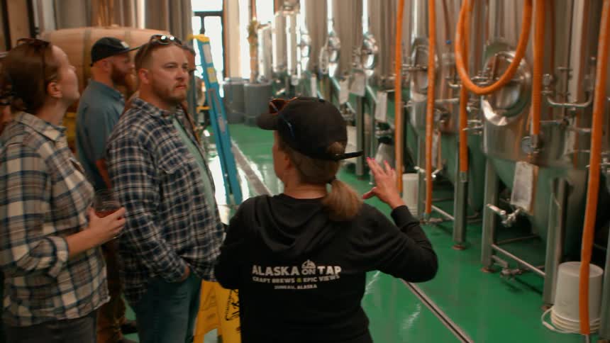 A brewmaster gives an educational tour of the brewery, showcasing the large stainless steel fermentation tanks to a group of patrons