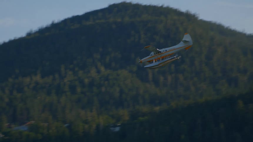 A seaplane glides through the air past a large breaching whale sculpture, descending towards the water with a backdrop of forested mountains