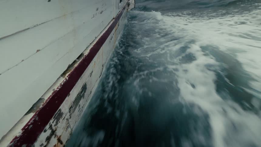 A thrilling point-of-view shot from the side of a boat as it rapidly cuts through the dark, choppy ocean water