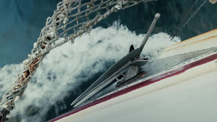 A close-up vertical shot of a boat's anchor at the bow, with water rushing past as it sails through the ocean