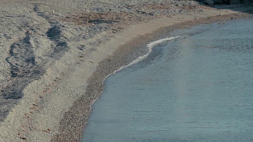 Gentle waves lap calmly on a pebble beach shoreline in the soft sunlight