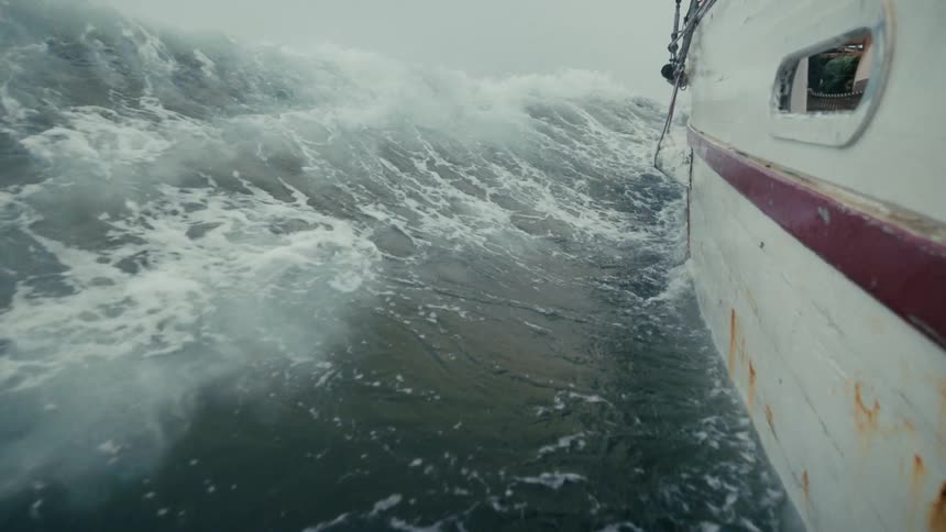 An intense slow motion shot captures the side of a boat cutting through the powerful, choppy waves of a stormy sea