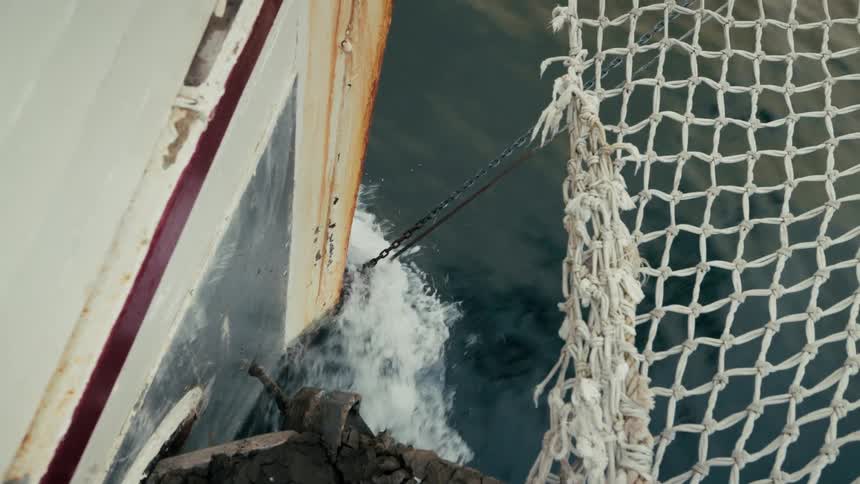 A close-up shot from a ship shows the rusty hull cutting through the water, creating a wake next to a fishing net