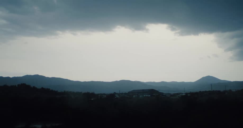 A moody point-of-view shot from a moving vehicle passes silhouetted trees to reveal a distant, hazy mountain town under an overcast sky