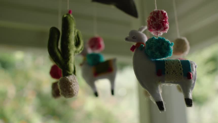 A whimsical handmade felt mobile with llamas and cacti gently sways as the focus pulls from a beautiful garden in the background