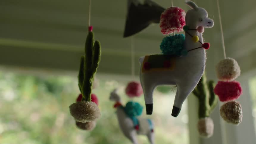 A whimsical handmade baby mobile featuring felt llamas and cacti slowly comes into focus with a garden in the background