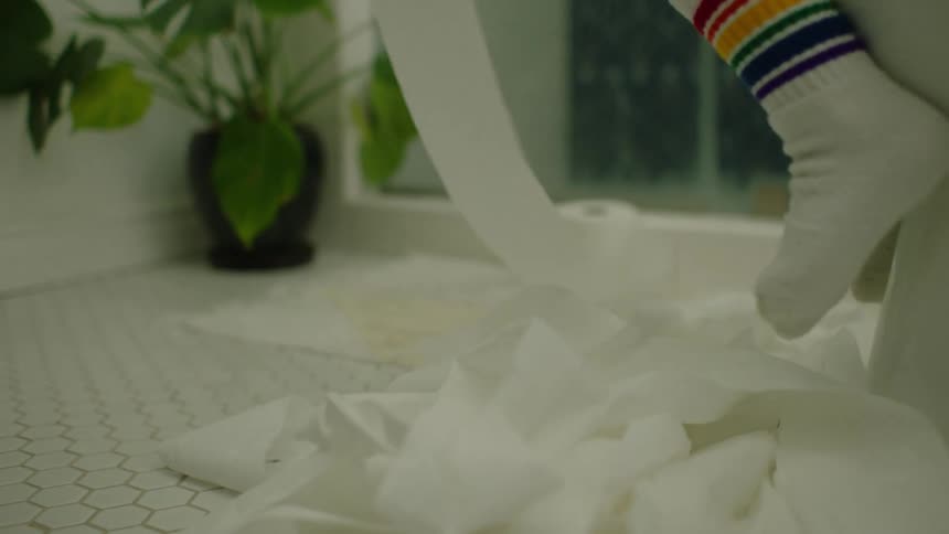 Slow motion close-up of a child's dangling feet in rainbow socks as they unroll toilet paper all over the bathroom floor