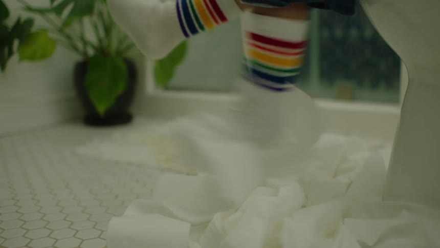 A child's feet in rainbow socks swing playfully over a pile of unrolled toilet paper on the bathroom floor in slow motion