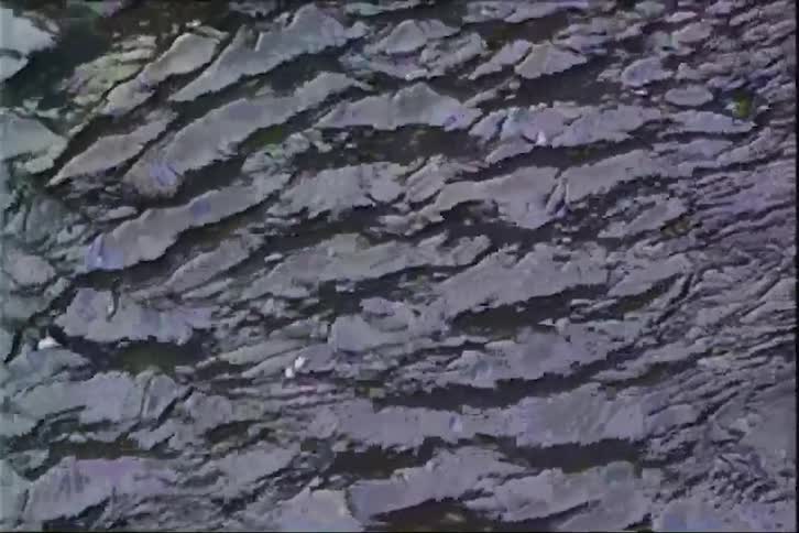 A close-up, top-down shot shows small, flat pieces of frazil ice flowing slowly through a cold river, creating a textured, moving surface