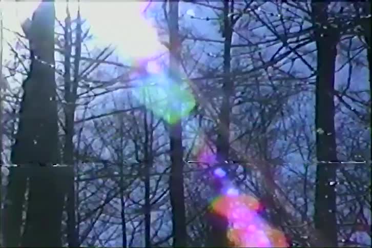 A low-angle vintage VHS shot captures the bright sun flaring through a canopy of bare, silhouetted trees against a cold blue sky