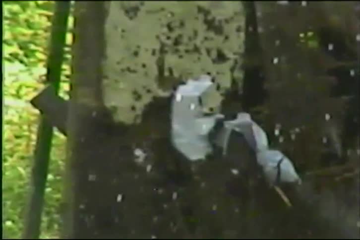 A plastic water jug explodes in dramatic slow motion after being shot during target practice in this vintage footage