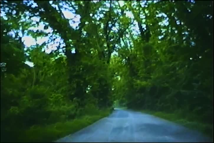 Archival footage captures a slow, first-person drive down a narrow country lane surrounded by lush green trees
