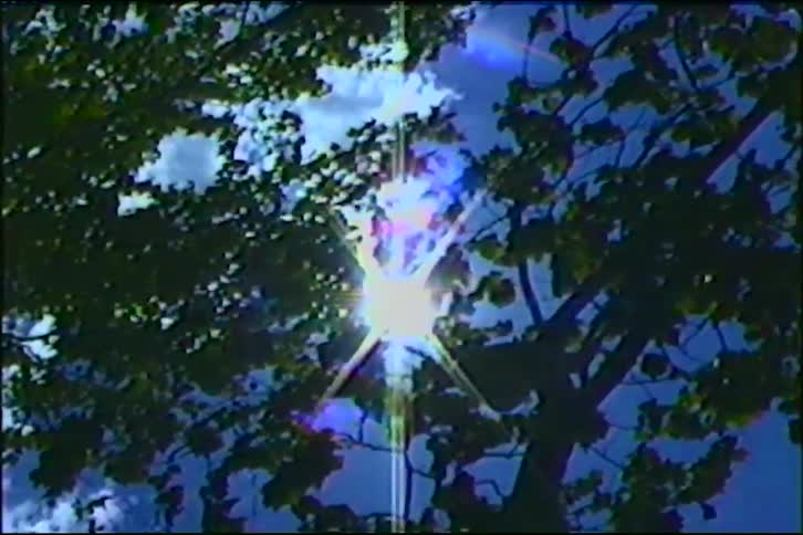 Low-angle vintage VHS shot of the sun creating a vibrant lens flare as it shines through the leaves of a tree against a blue sky
