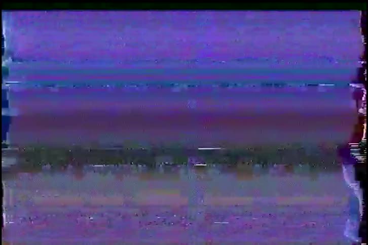 Retro blue and purple VHS glitch effect with static and horizontal distortion