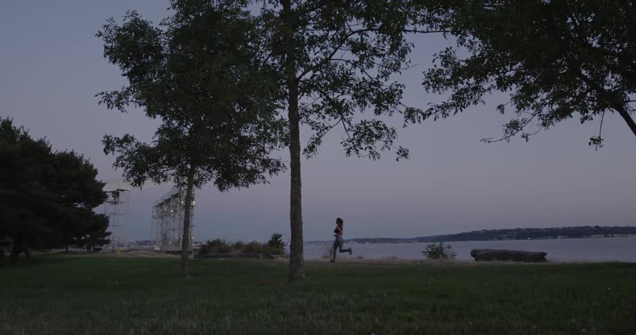 A female jogger is running in a park near a harbor