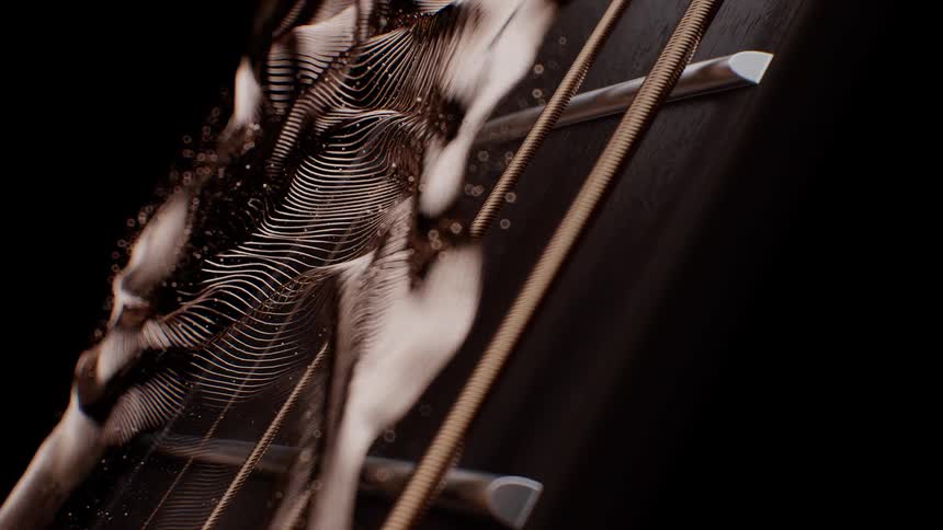 Extreme close-up of a guitar string vibrating in slow motion, showing the mesmerizing patterns of sound waves