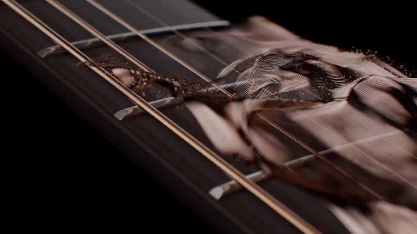 An abstract digital landscape of flowing particles and waves moves slowly across the fretboard of a guitar