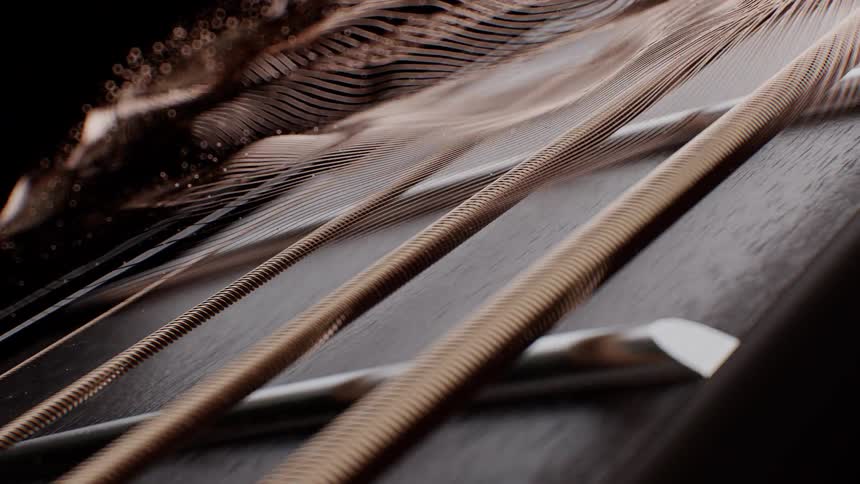 An abstract animation shows a macro view of vibrating guitar strings with flowing sound wave patterns