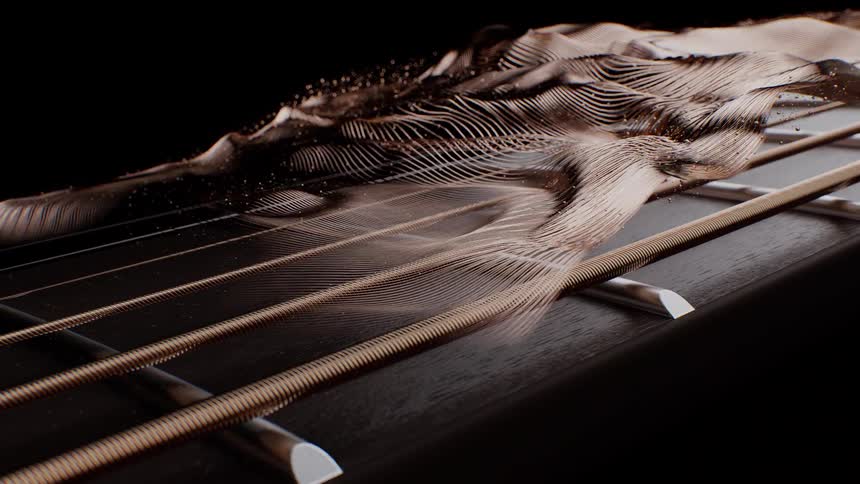 An abstract CGI visualization of sound waves flowing across the strings of a guitar on a black background